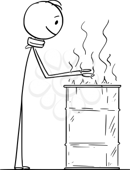 Vector cartoon stick figure drawing conceptual illustration of homeless man warming up at barrel with burning fire.
