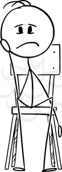 Vector cartoon stick figure drawing conceptual illustration of depressed, frustrated or sad man sitting on chair and thinking .