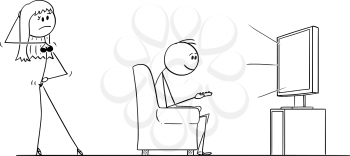 Vector cartoon stick figure conceptual illustration of man sitting in armchair and enjoying watching TV or television, while sexy woman or wife in lingerie is offering him sexual intercourse or sex.