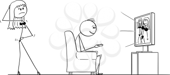 Vector cartoon stick figure drawing of man sitting in armchair and watching porn or pornography on TV or television, while sexy woman or wife in lingerie is offering him sexual intercourse or sex.