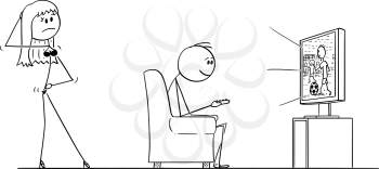 Vector cartoon stick figure drawing of man sitting in armchair and watching football or soccer on TV or television, while sexy woman or wife in lingerie is offering him sexual intercourse or sex.