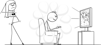 Vector cartoon stick figure drawing of man sitting in armchair and watching American football on TV or television, while sexy woman or wife in lingerie is offering him sexual intercourse or sex.