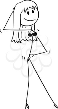 Vector cartoon stick figure drawing of young sexy woman wearing underwear or lingerie or bikini and standing in seductive pose.