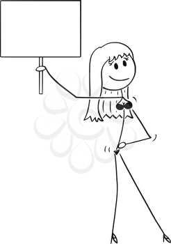 Vector cartoon stick figure drawing of young sexy woman wearing underwear or lingerie or bikini and standing in seductive pose and holding empty sign.