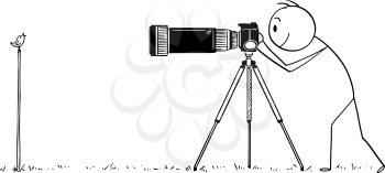 Vector cartoon stick figure drawing conceptual illustration of man with camera on tripod or photographer taking photo of small bird in nature.
