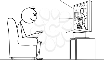 Vector cartoon stick figure drawing conceptual illustration of man sitting in armchair and enjoying watching football or soccer sport game on TV or television.