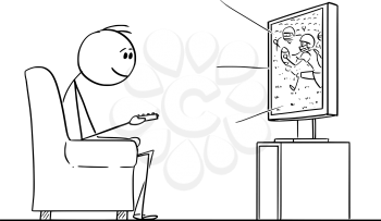 Vector cartoon stick figure drawing conceptual illustration of man sitting in armchair and enjoying watching American football sport game on TV or television.