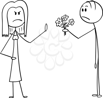 Vector cartoon stick figure drawing conceptual illustration of angry woman rejecting love declaration and bunch of flowers from man in love.