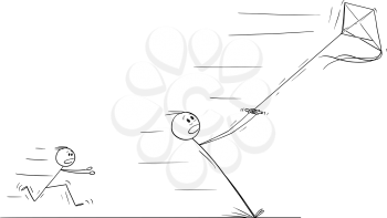 Vector cartoon stick figure drawing conceptual illustration of father flying kite and pulled away in strong wind. Child is running after him.