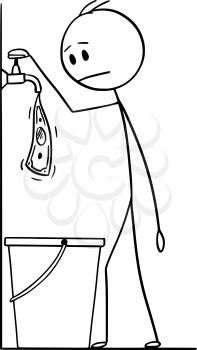 Vector cartoon stick figure drawing conceptual illustration of man or businessman turning the water faucet or tap on, and watching dollar bill slowly flowing from it in to bucket.