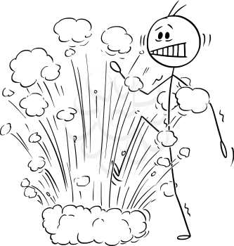 Vector cartoon stick figure drawing conceptual illustration of man or businessman surprised by explosion when stepping on landmine. Business concept of hidden problem.