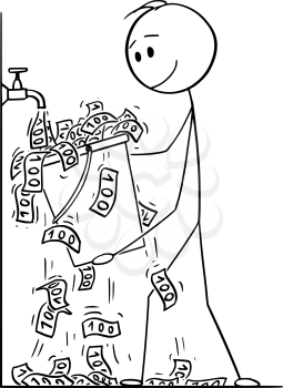Vector cartoon stick figure drawing conceptual illustration of man or businessman turning the water faucet or tap on and catching bills falling in to bucket.