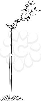 Vector cartoon black and white drawing or illustration of small bird sitting and singing on the wooden pole.
