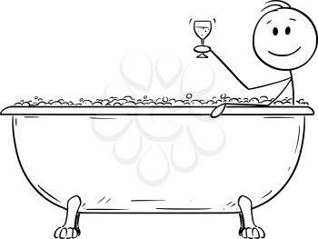 Vector cartoon stick figure drawing conceptual illustration of man relaxing in batch tub with glass of wine in hand.