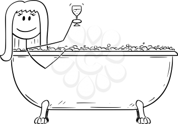 Vector cartoon stick figure drawing conceptual illustration of woman relaxing in batch tub with glass of wine in hand.