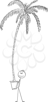 Vector cartoon stick figure drawing conceptual illustration of man holding big pot with high palm tree planted.