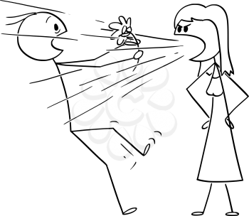 Vector cartoon stick figure drawing conceptual illustration of woman on date yelling or screaming at man holding a flower.Concept or couple relationship and love.