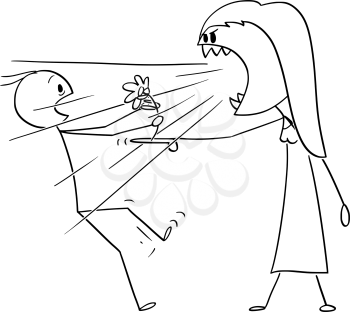 Vector cartoon stick figure drawing conceptual illustration of woman on date yelling or screaming as monster at man holding a flower.Concept or couple relationship and love.