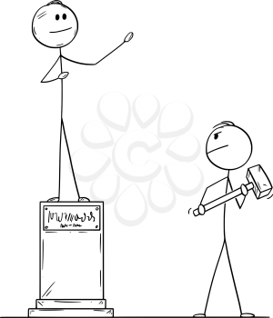 Vector cartoon stick figure drawing conceptual illustration of man with big hammer or sledgehammer who is going to destroy statue of politician.
