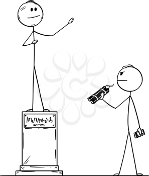 Vector cartoon stick figure drawing conceptual illustration of man with explosive or bomb who is going to destroy statue of politician.