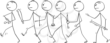 Vector cartoon stick figure drawing conceptual illustration of group of men or businessmen, who are going to fight or brawl with hand weapons like knife or rod.