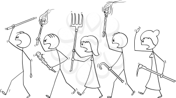 Vector cartoon stick figure drawing conceptual illustration of angry mob characters walking with torch and tools like pitchfork as weapons. Empty speech bubble ready for your text.