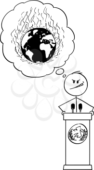 Vector cartoon stick figure drawing conceptual illustration of politician speaking on podium behind lectern, and dreaming about world war and global destruction.