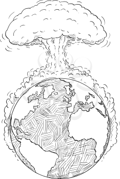 Vector cartoon drawing or illustration of planet Earth or world destroyed big nuclear explosion or global war or conflict. Concept of apocalypse.