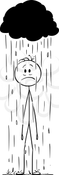 Vector cartoon stick figure drawing conceptual illustration of man or businessman standing frustrated in rain under small storm cloud.