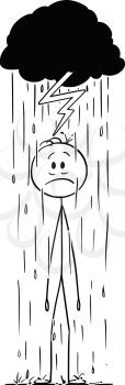 Vector cartoon stick figure drawing conceptual illustration of man or businessman standing frustrated in rain under small storm cloud, with lightning striking him.