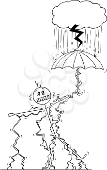 Vector cartoon stick figure drawing conceptual illustration of man or businessman struck by lightning, when standing in rain safe under umbrella under small storm cloud.