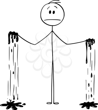 Vector cartoon stick figure drawing conceptual illustration of man with both hands dirty or grimy.