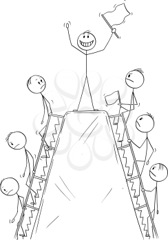 Vector cartoon stick figure drawing conceptual illustration of line of men, or businessmen climbing the hill to enjoy moment of success on the peak before going down.