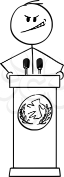 Vector cartoon stick figure drawing conceptual illustration of evil man or politician speaking or having speech to public or followers on podium behind lectern.