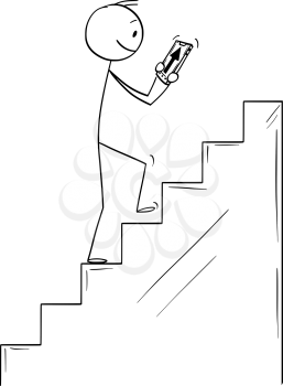 Vector cartoon stick figure drawing conceptual illustration of man climbing upstairs following incorrect navigation in mobile phone ignoring the edge in his way.
