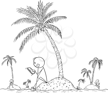Vector cartoon stick figure drawing conceptual illustration of lonely people sitting alone on small islands, using online mobile phone or cellphone and using social networks to chat with virtual friends.