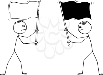 Vector cartoon stick figure drawing conceptual illustration of two angry men, politicians or businessmen holding different flags. Concept of competition and hostility.