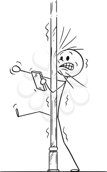Vector cartoon stick figure drawing conceptual illustration of man who hit the pole on the street while using cellphone or mobile phone.