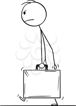 Vector cartoon stick figure drawing conceptual illustration of angry man walking with suitcase, briefcase or case.