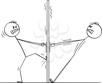Vector cartoon stick figure drawing conceptual illustration of two angry men or businessmen trying to open the door from both sides and not cooperating.