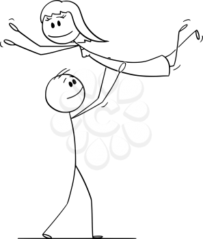 Vector cartoon stick figure drawing conceptual illustration of heterosexual couple of man and woman performing dance pose lift during dancing.