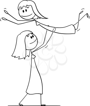 Vector cartoon stick figure drawing conceptual illustration of homosexual lesbian couple of two women performing dance pose lift during dancing.