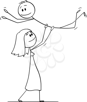Vector cartoon stick figure drawing conceptual illustration of heterosexual couple of woman lifting man while performing dance pose lift during dancing.