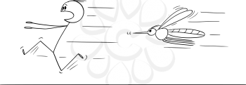 Vector cartoon stick figure drawing conceptual illustration of man running away in fear from mosquito or insect.