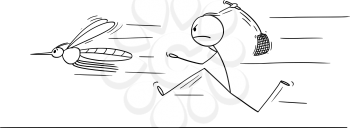 Vector cartoon stick figure drawing conceptual illustration of man or businessman chasing big mosquito with swatter, flapper or fly-flap.