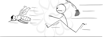 Vector cartoon stick figure drawing conceptual illustration of man or businessman chasing big fly with swatter, flapper or fly-flap.