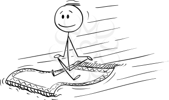 Vector cartoon stick figure drawing conceptual illustration of man or businessman sitting on flying carpet.