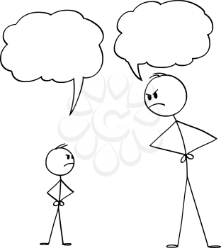 Vector cartoon stick figure drawing conceptual illustration of man or father or parent and boy or son fighting or arguing about something. Empty speech bubbles for your text.