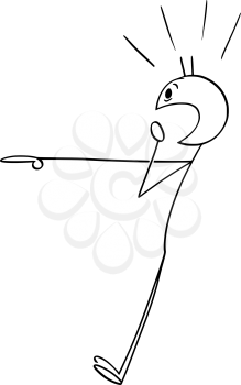 Vector cartoon stick figure drawing conceptual illustration of shocked man pointing on something. There is place for your text.