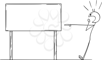 Vector cartoon stick figure drawing conceptual illustration of shocked man pointing on empty sign. There is place for your text.